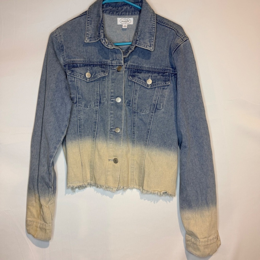 Mud Pie Womens Blue Cream Ombre Dip Dye Raw Hem Denim Trucker Jacket Medium
